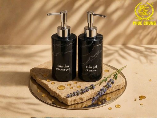 Bình Đựng Dầu Gội Sữa Tắm Gốm Sứ Đen Vân Đá – Sang Trọng Cho Phòng Tắm Khách Sạn