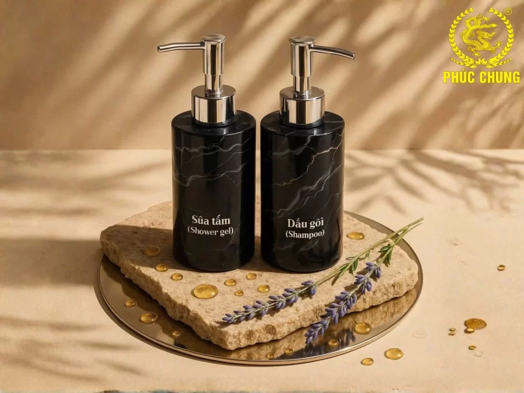 Bộ bình đựng dầu gội sữa tắm gốm sứ đen vân đá sang trọng