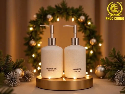 Bộ bình đựng dầu gội sữa tắm gốm sứ trắng hạt tinh tế