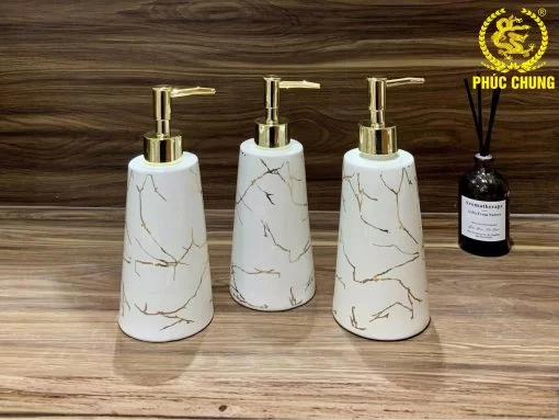 Bộ bình đựng dầu gội sữa tắm gốm sứ trắng vân đá sang trọng
