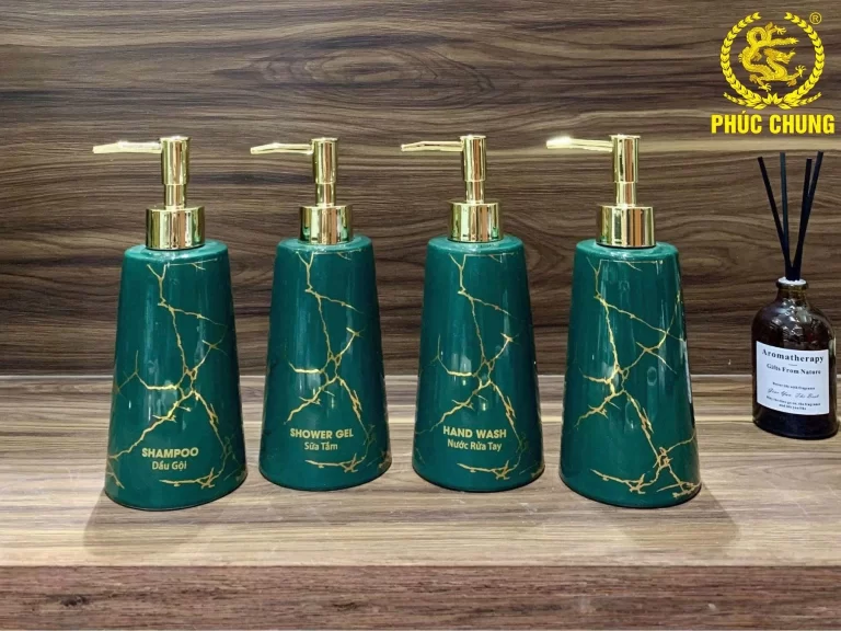 Bộ bình đựng dầu gội sữa tắm gốm sứ xanh ngọc vân vàng sang trọng