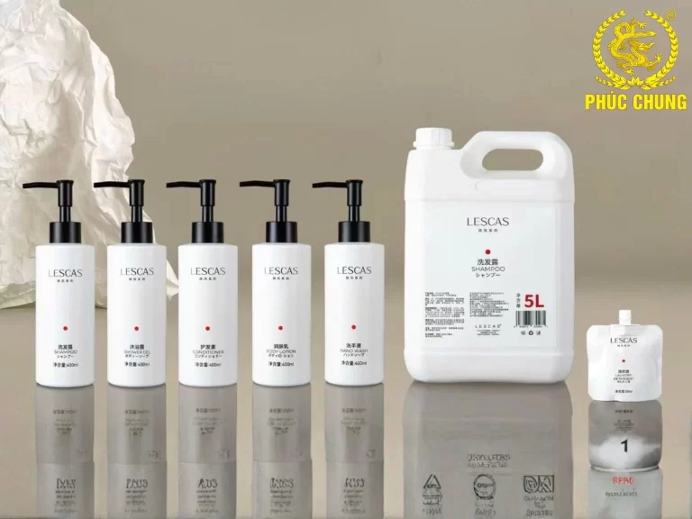 Bộ amenities khách sạn Lescas chai trắng 400ml kèm can refill 5L