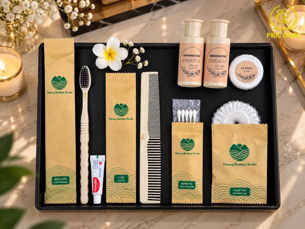 Bộ amenities khách sạn thân thiện, bao bì giấy kraft in logo theo yêu cầu